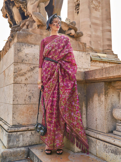 Rajwada Wine Organza Woven Saree With Unstitched Blouse For Women