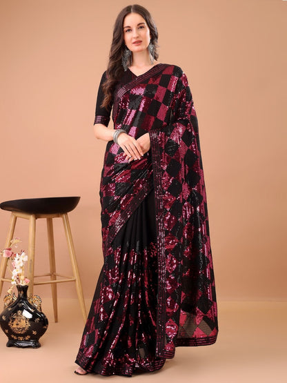 Rajwada Black And Pink Georgette Sequin Elegant Saree For Women