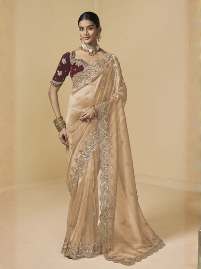 Rajwada Beige Tissue Embellished Saree For Women