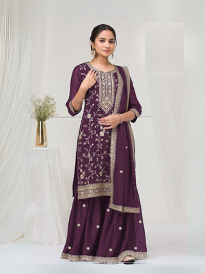 Rajwada Purple Silk Blend Embroidered Semi-Stitched Kurta Set For Women