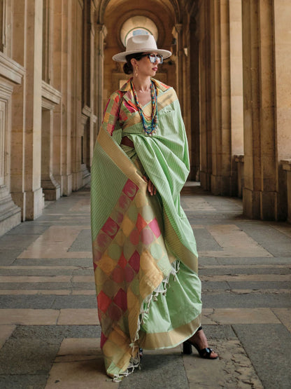 Rajwada Green Soft Silk Woven Saree With Unstitched Blouse For Women