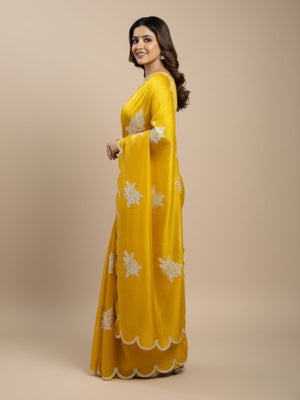 Rajwada Yellow Organza Embroidered And Cutwork Solid Saree For Women