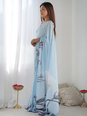 Rajwada Sky Blue Georgette Printed Saree For Women