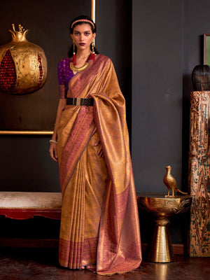 Rajwada Gold Silk Blend Woven Saree With Unstitched Blouse For  Women