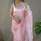 Rajwada Pink Organza Printed Saree With Unstitched Blouse For Women