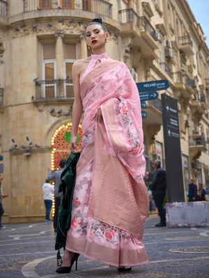Rajwada Pink Poly Brasso Woven Saree With Unstitched Blouse For Women