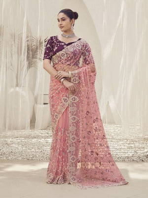 Rajwada Pink Embroidered Net Saree With Unstitched Blouse For Women