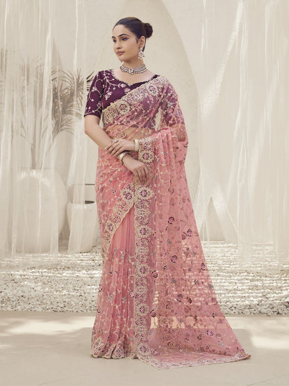Rajwada Pink Embroidered Net Saree With Unstitched Blouse For Women
