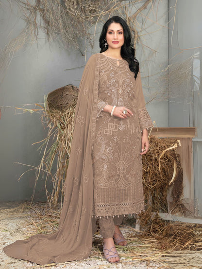 Rajwada Light Brown Georgette Embroidered Semi-Stitched Kurta Set For Women