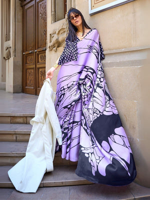 Rajwada Purple Satin Printed Saree With Unstitched Blouse For Women