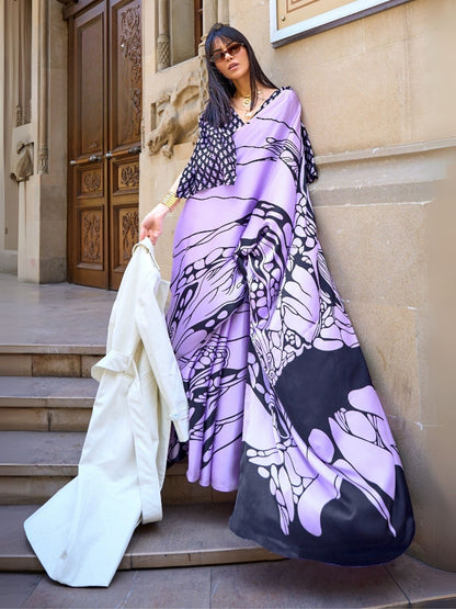 Rajwada Purple Satin Printed Saree With Unstitched Blouse For Women
