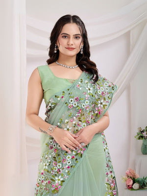 Rajwada Sea Green Net Embroidered Elegant Saree For Women