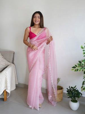 Rajwada Pink Organza Embroidered Saree With Unstitched Blouse For Women