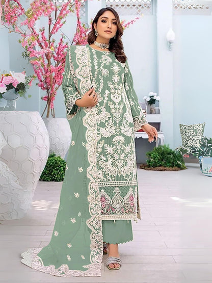 Rajwada Olive Embroidered Georgette Semi Stitched Kurta Set For Women