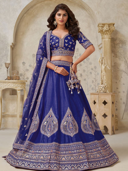 Rajwada Dark Blue Silk Blend Embroidered Semi-Stitched Lehenga For Women