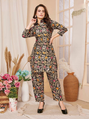 Rajwada Black Rayon Floral Printed Semi-Stitched Co-Ord Set For Women