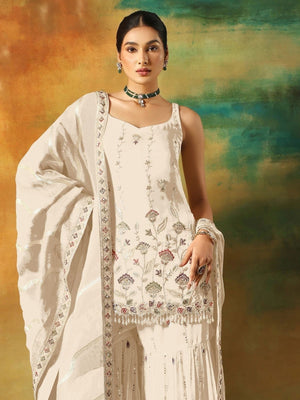 Rajwada White Georgette Embroidered Semi-Sitched Kurta Set For Women