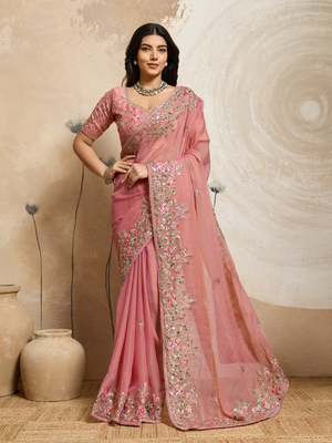 Rajwada Peach Chiffon Embroidered Saree For Women