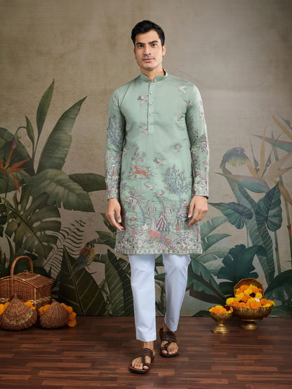 Rajwada Green Viscose Silk Embroidered Stitched Kurta For Men