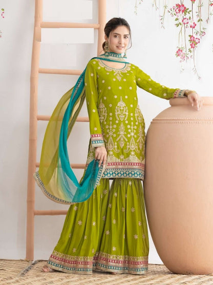 Rajwada Lime Green Chinon Embellished Semi Stitched Kurta Set For Women