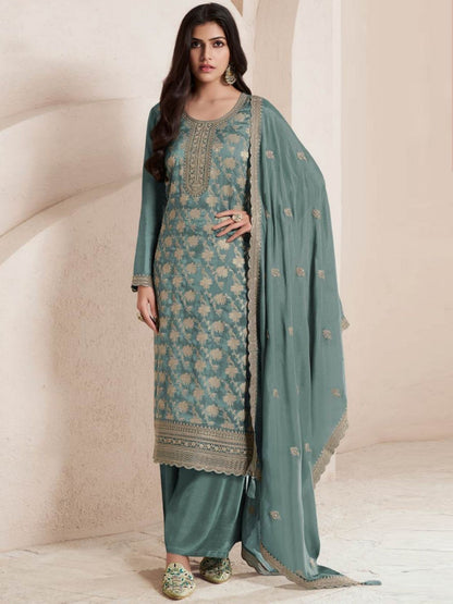 Rajwada Green Jacquard Embroidered Semi Stitched Kurta Set For Women