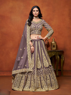 Rajwada Purple Net Embroidered Semi-Stitched lehenga For Women