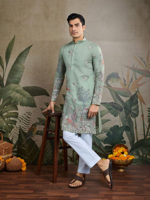 Rajwada Green Viscose Silk Embroidered Stitched Kurta For Men