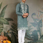 Rajwada Green Viscose Silk Embroidered Stitched Kurta For Men