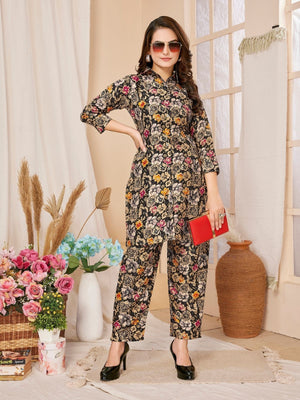 Rajwada Black Rayon Floral Printed Semi-Stitched Co-Ord Set For Women