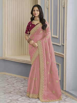 Rajwada Pink Georgette Crush Embellished Elegant Saree For Women