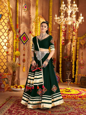 Rajwada Dark Green Viscose Rayon Rabari Work Semi-Stitched lehenga With Stunning Tassels For Women