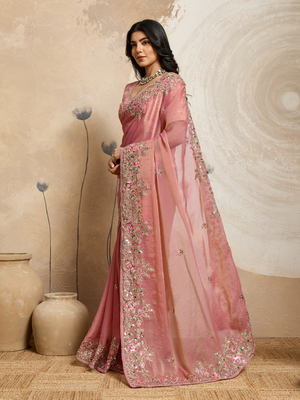 Rajwada Peach Chiffon Embroidered Saree For Women