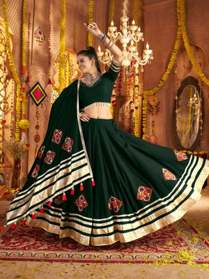 Rajwada Dark Green Viscose Rayon Rabari Work Semi-Stitched lehenga With Stunning Tassels For Women