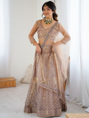 Rajwada Beige Net Embellished Semi Stitched Lehenga For Women