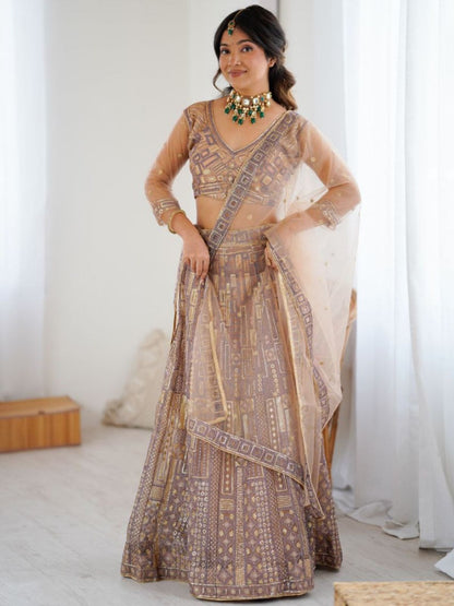 Rajwada Beige Net Embellished Semi Stitched Lehenga For Women