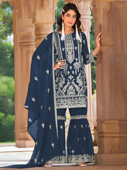 Rajwada Blue Organza Embroidered Semi-Sitched Kurta Set For Women