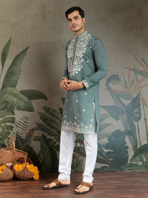 Rajwada Green Viscose Silk Embroidered Stitched Kurta For Men