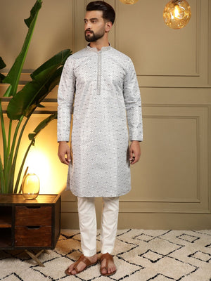 Rajwada Light Grey Cotton Blend Thread Work Kurta Set For Men