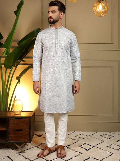 Rajwada Light Grey Cotton Blend Thread Work Kurta Set For Men