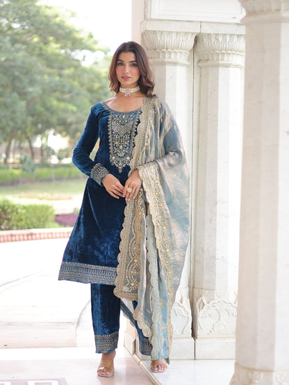 Rajwada Dark Blue Velvet Embellished Kurta Set For Women