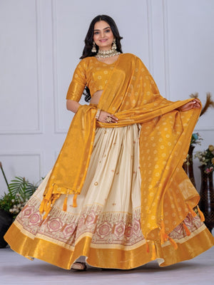 Rajwada Beige And Yellow Silk Blend Printed Semi-Stitched lehenga For Women