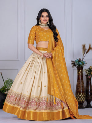 Rajwada Beige And Yellow Silk Blend Printed Semi-Stitched lehenga For Women