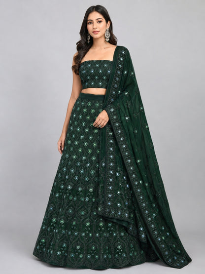 Dark Green Net Embellished Lehenga