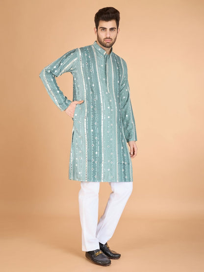 Rajwada Light Green Viscose Rayon Embroidered Stitched Kurta For Men