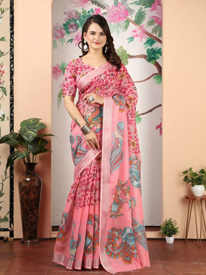 Rajwada Pink Cotton Linen Woven Printed Saree For Women