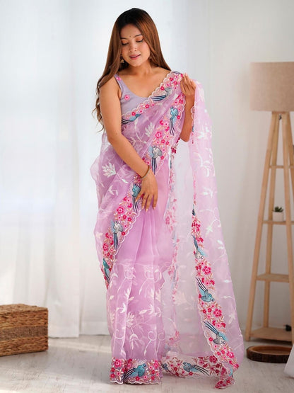 Rajwada Light Lavender Organza Embroidered Solid Saree For Women