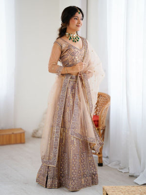 Rajwada Beige Net Embellished Semi Stitched Lehenga For Women