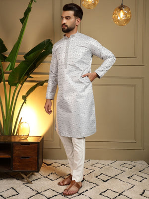 Rajwada Light Grey Cotton Blend Thread Work Kurta Set For Men