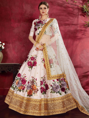 Rajwada Off-White Art Silk Printed Semi-Stitched lehenga For Women