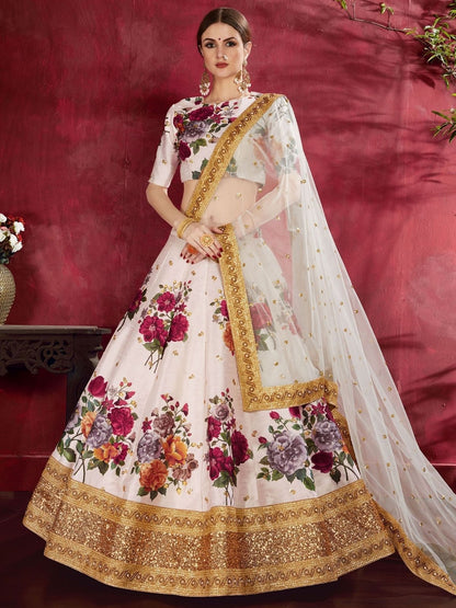 Rajwada Off-White Art Silk Printed Semi-Stitched lehenga For Women